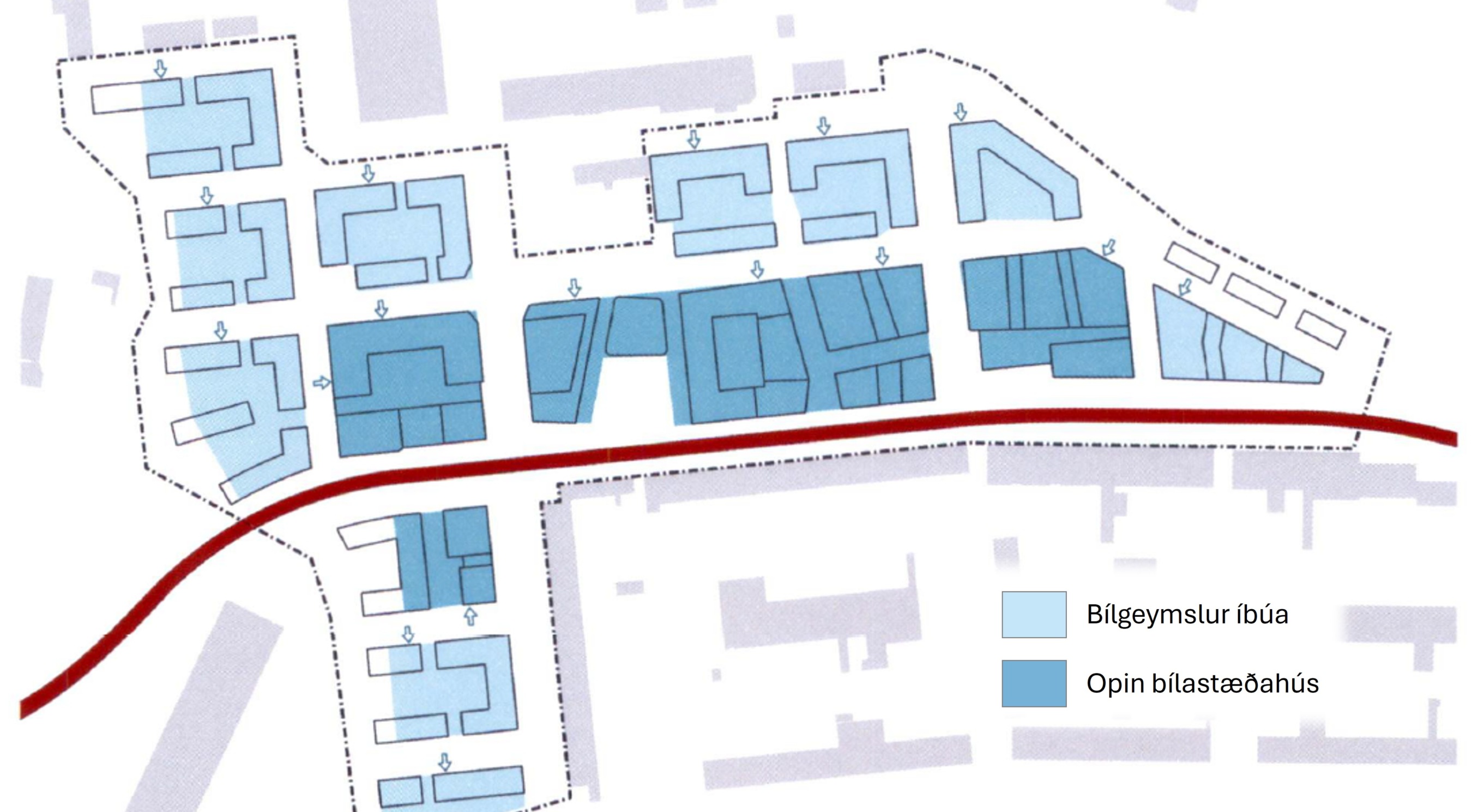 bílakjallarar, bílastæðahús, bílgeymslur í fyrsta áfanga Borgarhöfða